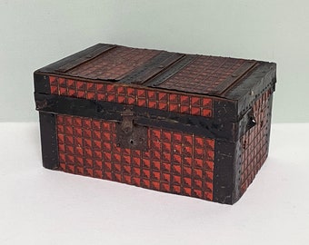 Handmade Rustic Wooden Box Covered in Red & Black Embossed Metal, Primitive Folk Art Vintage Treasure Chest