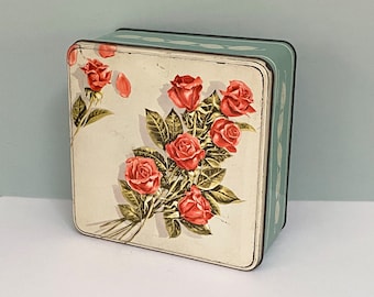 Mid-Century William Stein Square Metal Cookie Tin with Coral Roses on the Lid and Aqua Green Sides