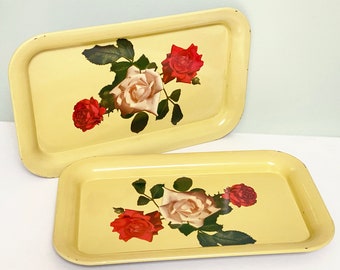 Pair of Mid-Century Metal Serving Trays with Roses and Yellow Background