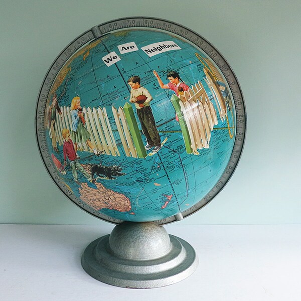On Layaway for Volgamefan: Handmade Altered Art Vintage World Globe with Decoupaged Images of Children from 1940s Primer "We Are Neighbors "