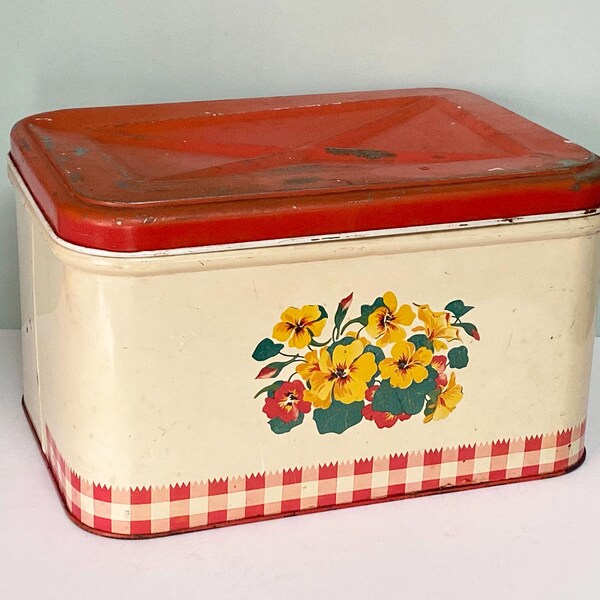 Vintage metalen brooddoos, Oost-Indische kers met rode gingangrand, jaren 1950 schaars blik, zoals het is