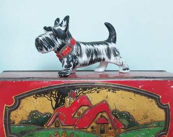 Scottie Dog Porcelain Figurine with Rare Red Collar, Mid-Century, Made in Japan, Ceramic Scottish Terrier