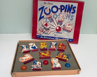 De Luxe Zoo-Pins, Rare 1944 Educational Toy & Bowling Game in Original Box by McKinnon Leather Products Corp.