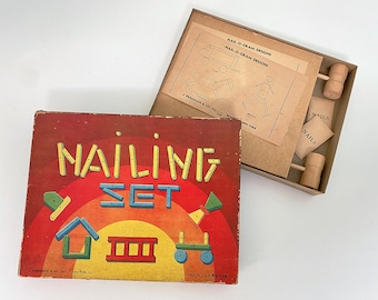 Vintage Nailing Set by J. Pressman & Co., No. 518, Wooden Hammers, Pegs and Bases to Create Nail-O-Gram Designs