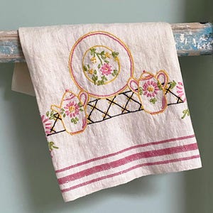 Paño de cocina vintage de lino bordado a mano: decoración de cocina de los años 40