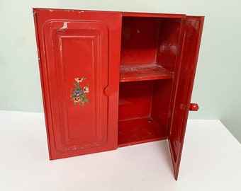 1950s Metal Cabinet with Orangey-Red Paint, Flower Decals, Two Interior Shelves & Towel Bar, Mid-Century Tin Wall Cupboard