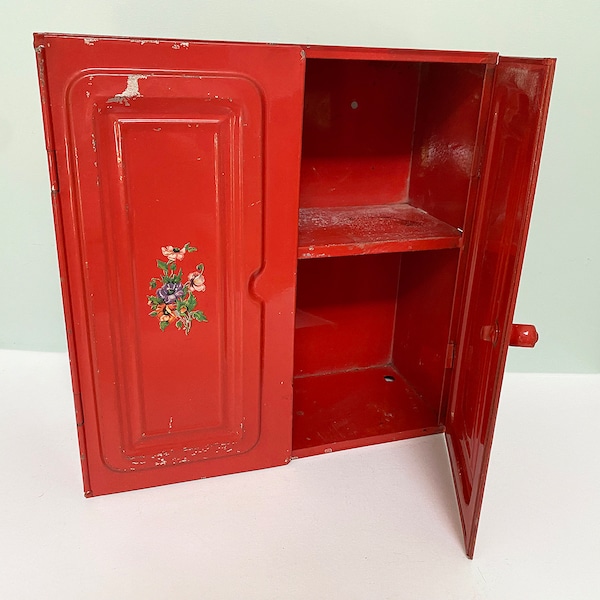 1950s Metal Cabinet with Orangey-Red Paint, Flower Decals, Two Interior Shelves & Towel Bar, Mid-Century Tin Wall Cupboard