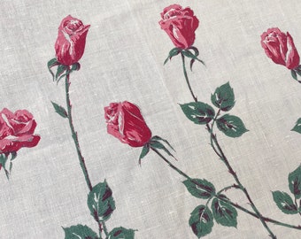 1950s White Linen Tablecloth with Pink & Red Long Stemmed Roses – a Beauty!