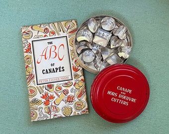 Canapé and Hors D'Oeuvre Cutters, 12 Assorted Shapes in Original Tin & 1953 The ABC of Canapés Cookbook, Peter Pauper Press