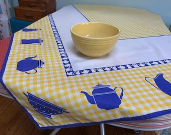 Large Vintage Tablecloth – Yellow and White Gingham with Dark Blue Accents and Kitchenalia