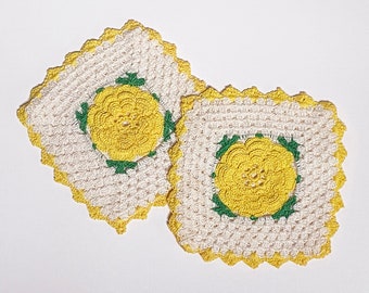 Set of 2 Vintage Handmade Crocheted Pot Holders with Flowers in Bright Yellow & Green