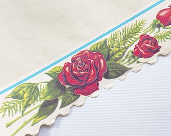 Vintage Roylcraft Decorative Shelf Lining Paper and Edging – Red Roses Pattern with Green Leaves – Unused, 11 Feet in Length, 2 Available