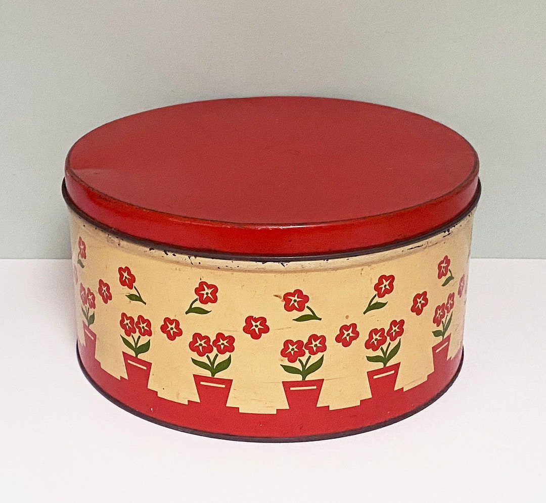 1940s Round Metal Cookie Tin Made by FFV of Richmond, VA Repeat Pattern