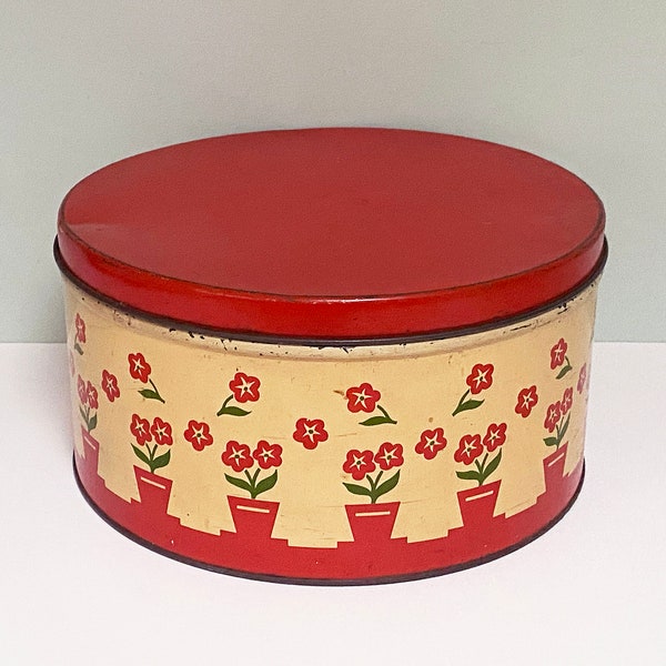 Scatola per biscotti rotonda in metallo degli anni '40 realizzata da FFV di Richmond, Virginia – Motivo ripetuto di fiori rossi e verdi in vasetti – Dolce!