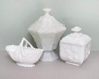 Instant Collection of Vintage Milk Glass! Fenton Daisy Basket, Anchor Hocking 8-Panel Nut Dish & Westmoreland Grapes Candy Dish