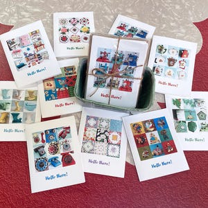 Set mit 10 Handgemachten "Hello There!" Grußkarten - Originale Fotomontagen von skurrilen Vintage-Objekten mit Kraftpapier-Umschlägen