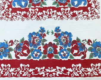 Mid-Century Floral Tablecloth – Extra Thick White Cotton with Flowers in Red, Blue & Green – As Is, Cutter