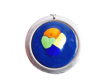 European 1960s mod blue enamel copper pendant necklace/ 60s large multi color necklace / modernist necklace