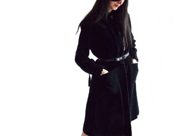 1940s style black velvet designer coat / Victor Joris long coat / 70s does 40s coat / WWII swing style film noir coat