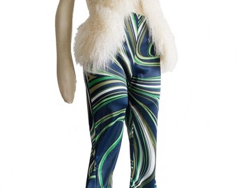 1970s psychedelic hippie boho flared pants / 70s blue green flower power bell bottom pants / wide leg trousers