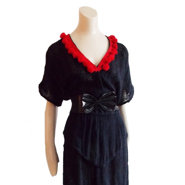 1970s does 1940s peplum dress / 70s black woven dress/ 40s style dress/ 70s red pom pom dress