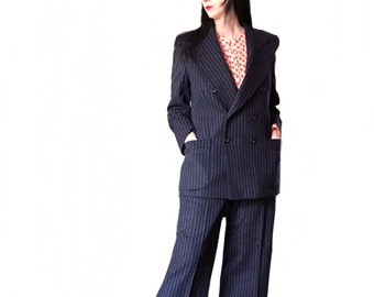 Pierre Cardin Boutique 1970s blue wool pinstripe suit  / 70s Unisex French designer blazer jacket and pants