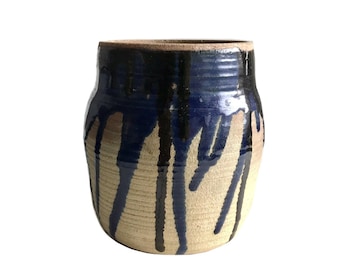 Signed 1970s mid century blue drip ceramic vase / modernist art studio pottery