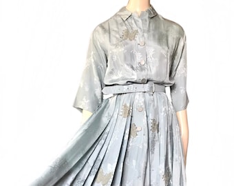 vintage 1950s pale blue silk novelty butterfly floral Dress / 50s button shirt dress, size Small