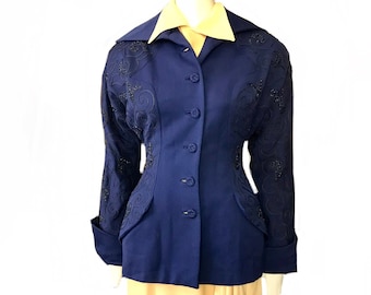 1940er Jahre blaue Gabardine Jacke / 40s Glasperlen Soutache Blazer / WWII Swing Film Noir Size Small