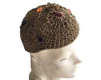 vintage 1930s gold thread cap hat / Art Deco 30s 40s WWII swing rhinestone beaded hat