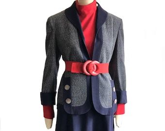 vintage 1940s flared blue virgin wool A-line skirt suit / 1940s WWII swing rockabilly two piece jacket and skirt