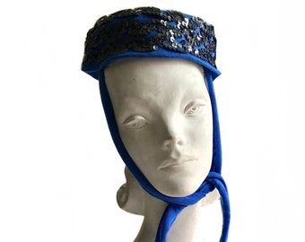 SPECIAL OFFER vintage 1940s blue wool pillbox hat with attached head scarf and black sequins / film noir hat/ 40s 50s winter hat