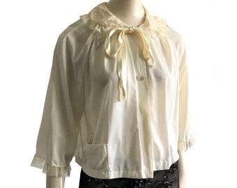 1950s soft white lace collar cropped bed jacket / 50s boudoir lounging jacket