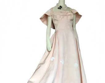 1950s pink white Dress and cape / 50s floral embroidery cocktail party dress / Rockabilly pin up dress Small