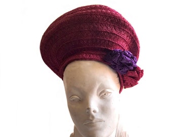 vintage 1940s hot pink raffia straw sculptural hat/ 1930s beret hat by New York Creation
