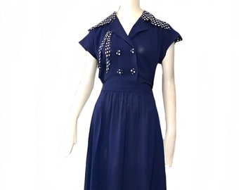 vintage 1940s blue crepe rayon polka dot dress / WWII swing  Rockabilly cocktail pinup dress