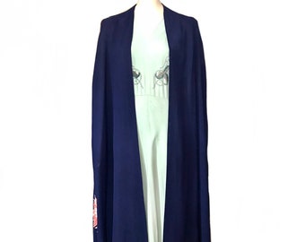 vintage 1930s 1940s blue crepe rayon coral pink floral cape WWII swing rockabilly  Mantilla lappet cape capelet flexible size SEO collection