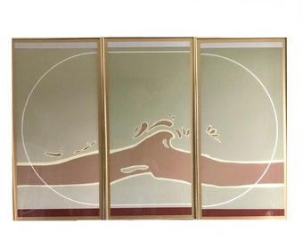 large 1970s set of 3 piece ocean wave wall art / 80s Hollywood Regency sea ocean wall hanging framed / made in USA