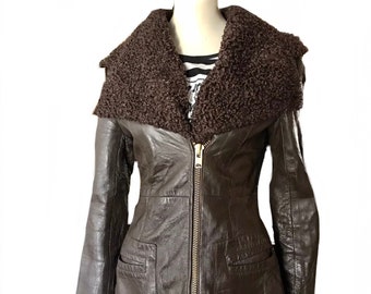 vintage 1930s brown genuine leather jacket/  1940s motorcycle biker jacket with  curly lamb collar /Unisex size small