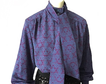 vintage 1980s blue purple ascot tie blouse / 80s secretary top made in USA Pendleton