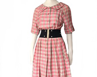 vintage 1950s pink gray silk floral plaid Dress / 50s multi color pleated dress