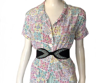 vintage 1940 multi color cold rayon blouse / 40s WWII swing summer top US size 12 Medium/Large