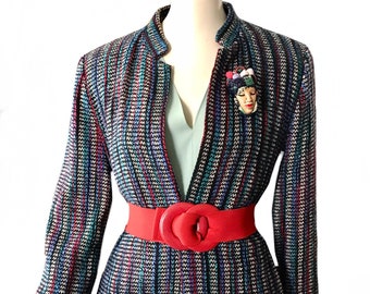 1970s does 1940s striped wool knit jacket /  WWII swing blazer film noir size 8 Medium / made in USA