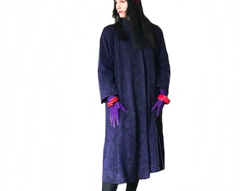 1940s purple black paisley swing coat / 40s WWII long wide skirt winter coat / 1950s A-line draped coat