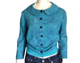 vintage 1950s blue wool polka dot short jacket / 50s cropped jacket / rockabilly vixen pinup jacket