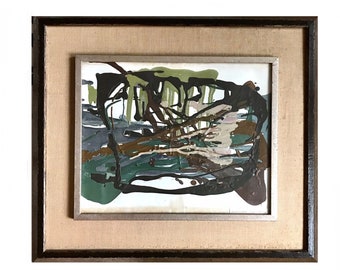 signed vintage 1960s large brown green Action painting /Abstract Expressionist art / framed modernist wall art