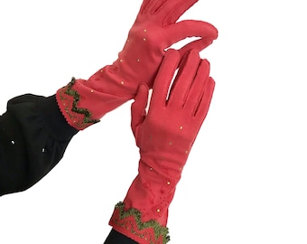 1940er rot grüne Fransen Handschuhe / WWII Swing Rockabilly grüne Strass Handschuhe / 50er Jahre Abend Handschuhe / simsala (SEO)
