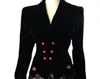 1930s black velvet tailored jacket / 30s red lucite button blazer /  WWII swing film noir size XSmall