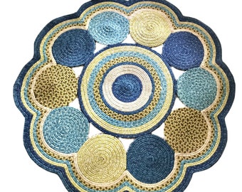 mid century modern geometric circle braided wool rug / 1960s 70s green blue modernist rug / Boho home decor
