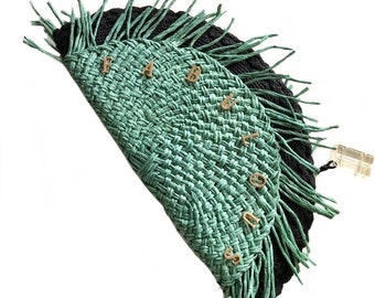vintage 1940s refashioned black green Novelty brass 'Fabulous' clutch bag / rare 40s crochet Art Deco film noir purse